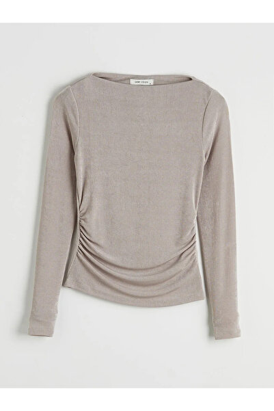 LC Waikiki Γκρι μπλούζα με λαιμόκοψη καγιάκ και κορδόνι περίσφιξης