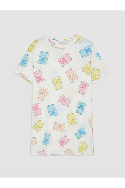 LC Waikiki Γυναικείο νυχτικό με σχέδιο σε χρώμα εκρού και λαιμόκοψη ποδηλάτου