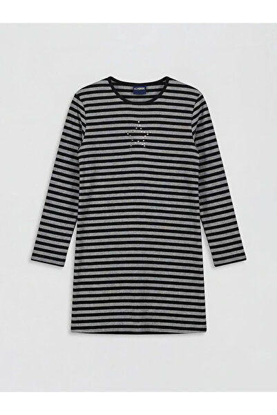 LC Waikiki Μαύρο ριγέ φόρεμα για κορίτσια με λαιμόκοψη ποδηλάτου