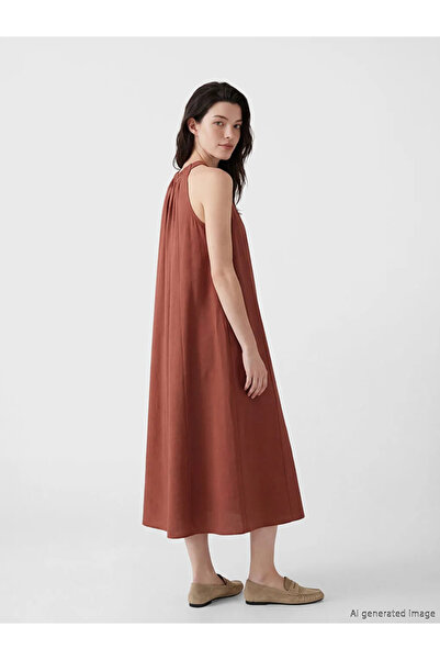 LC Waikiki Πορτοκαλί φόρεμα με λαιμόκοψη ποδηλάτου και μείγμα υφασμάτων Modal