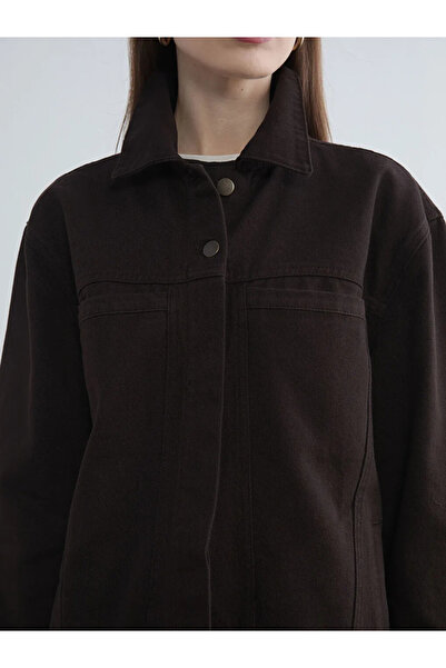 LC Waikiki Καφέ Γιακάς πουκαμίσου oversized Γυναικείο τζιν μπουφάν