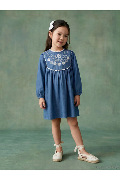 LC Waikiki Μπλε φόρεμα για κορίτσια με κέντημα λουλουδιών στο γιακά