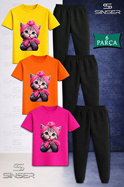 SS SİNSER Children's Cat Yrm Pink Ribbon 3-Piece T-Shirt Tracksuit Set