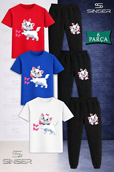SS SİNSER Children's Cat with Ribbon 3-Piece T-Shirt Tracksuit Set