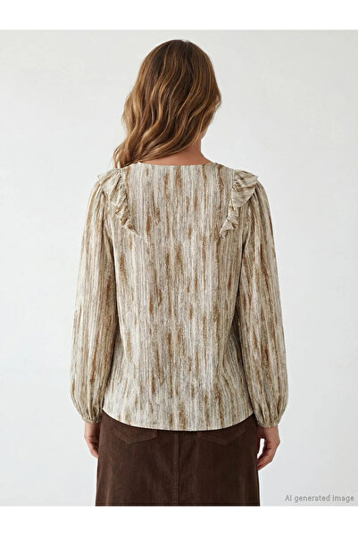 LC Waikiki Χακί Με δέσιμο Μπλούζα με βολάν στο λαιμό Με σχέδιο