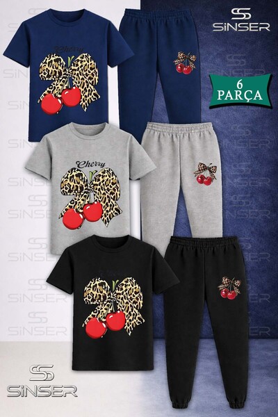 SS SİNSER Children's Cherry Leopard Ribbon Cherry Writing 3-Piece T-Shirt Tra...