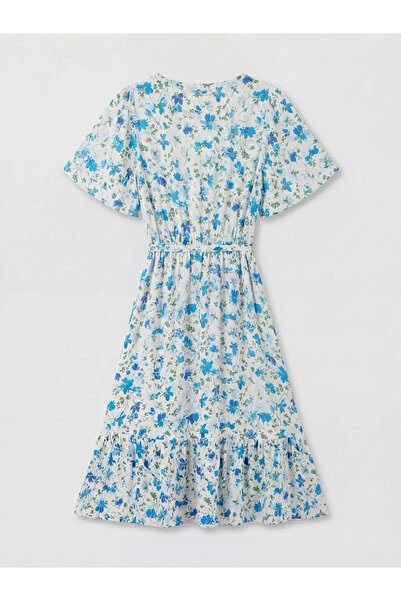 LC Waikiki Εκρού φόρεμα με λαιμόκοψη V και λουλουδάτη μέση