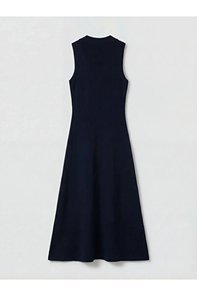 LC Waikiki Μπλε ναυτικό πλεκτό φόρεμα με λαιμόκοψη πόλο και εφαρμοστή γραμμή