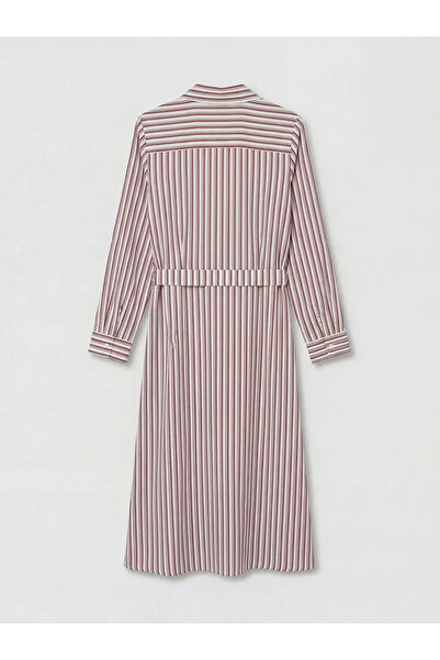 LC Waikiki Κόκκινο ριγέ φόρεμα πουκάμισο με ζώνη στη μέση