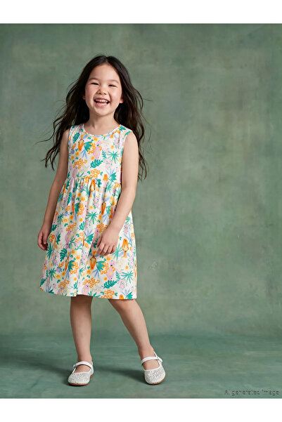 LC Waikiki Πράσινο χτενισμένο βαμβακερό φόρεμα για κορίτσια με τύπωμα