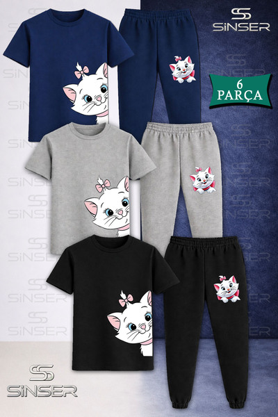 SS SİNSER Children's Cat Head with Ribbons 3-Piece T-Shirt Tracksuit Set