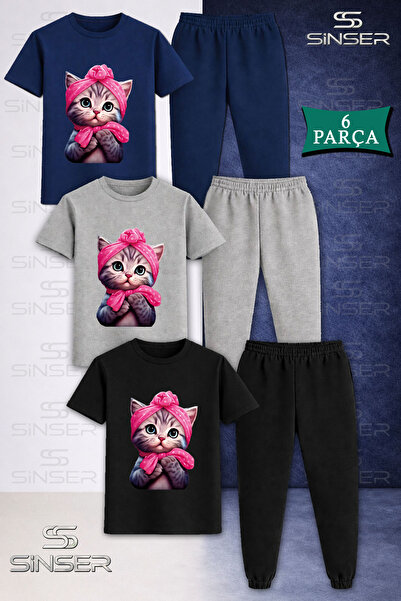 SS SİNSER Children's Cat Yrm Pink Ribbon 3-Piece T-Shirt Tracksuit Set