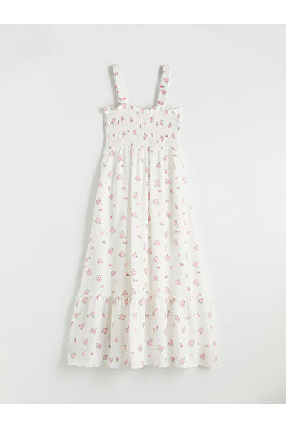 LC Waikiki Ροζ φλοράλ μακρύ φόρεμα με κορδόνι περίσφιξης