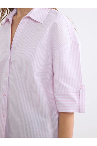 LC Waikiki Ροζ Ριγέ Ποπλίνα Γυναικείο πουκάμισο