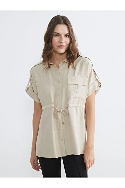 LC Waikiki Γυναικείο πουκάμισο μπεζ με λεπτομέρεια δεσίματος Με σούρες