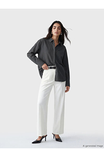 LC Waikiki Μαύρο ριγέ υπερμεγέθη γυναικείο πουκάμισο