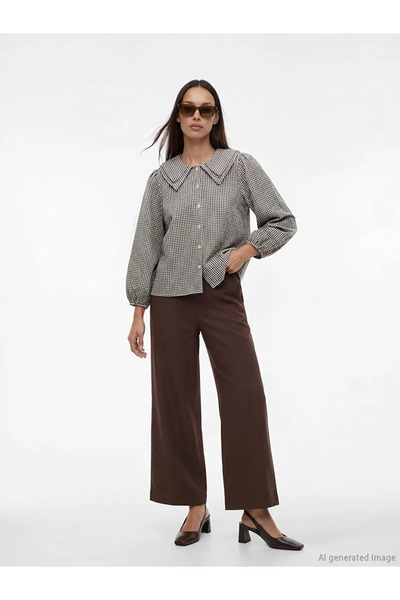 LC Waikiki Καφέ καρό γυναικείο πουκάμισο με γιακά Bebe