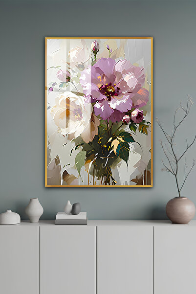 kutuTR Gold Alüminyum Çerçeve Pastel Tonlarda Çiçek Buketi Desenli Temperli C...