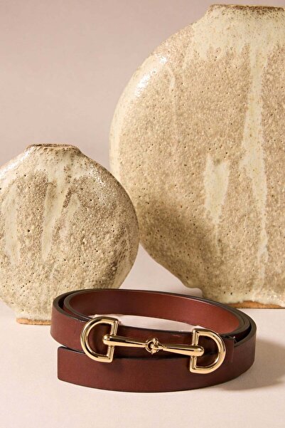 5in1Canpolat Δερμάτινη ζώνη ιππασίας σε σκούρο ταμπά χρώμα με χρυσή πόρπη