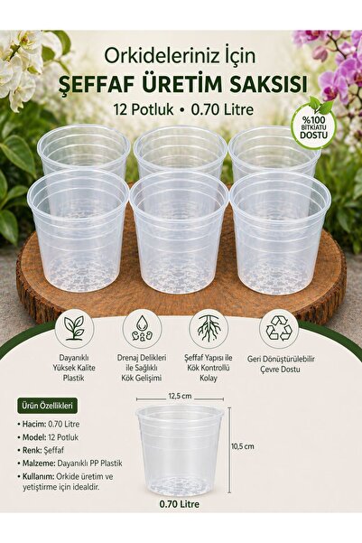 NEXVORİA 12 Pot Şeffaf Orkide Üretim Saksısı 6 adet / 0.70 Litre Kaliteli Şef...