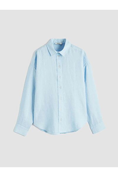 LC Waikiki Μπλε Oversize Γυναικείο Λινό Πουκάμισο