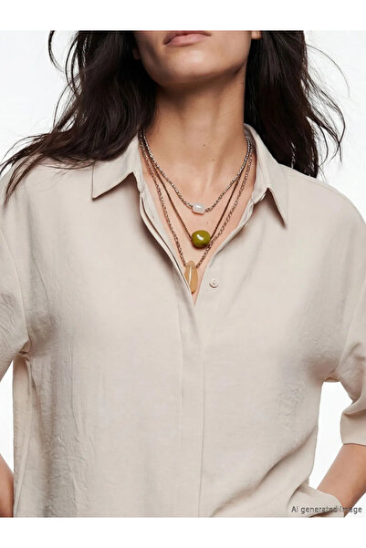 LC Waikiki Μπεζ Oversize Γυναικείο Πουκάμισο Dobby