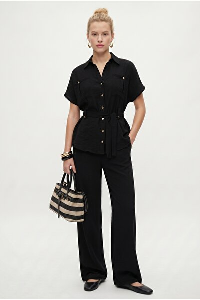 Ritnice Women's Bret Shirt Pants Woven Black Bottom Top Set