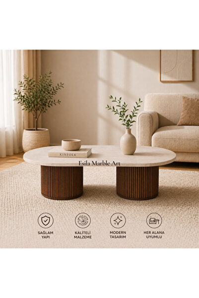 ESİLA MARBLE Modern Traverten Orta Sehpa – Oval Tabla, Ahşap Ayaklı, Minimal ...