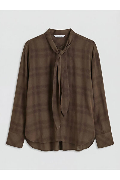 LC Waikiki Καρό γυναικείο πουκάμισο με καφέ γιακά σάλι