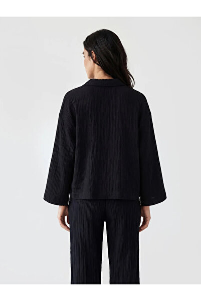 LC Waikiki Μαύρο Oversize Γυναικείο Πουκάμισο Μουσελίνας