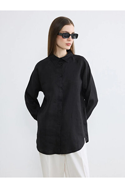 LC Waikiki Μαύρο γυναικείο λινό πουκάμισο