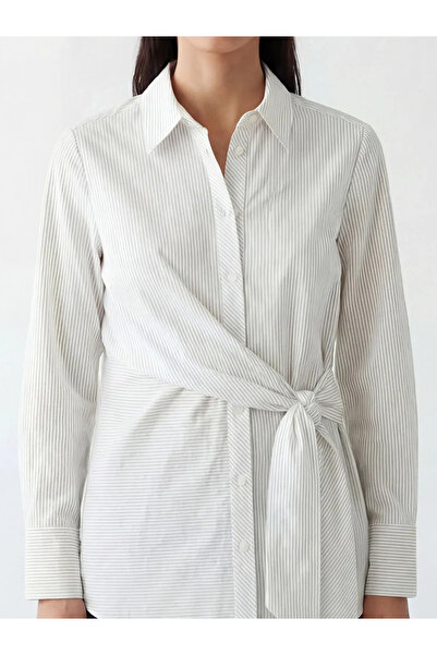 LC Waikiki Εκρού Ριγέ Ποπλίνα Γυναικείο Πουκάμισο