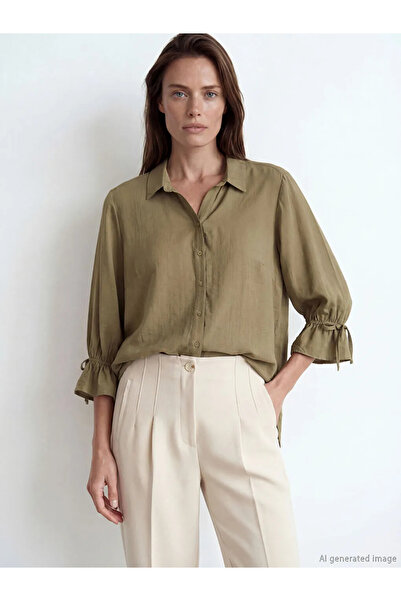 LC Waikiki Χακί γυναικείο πουκάμισο με βολάν και υφή