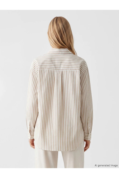 LC Waikiki Μπεζ ριγέ γυναικείο πουκάμισο από λινό μείγμα σε oversize γραμμή