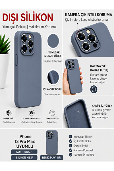 iPhone 13 pro max Uyumlu kılıf Soft Touch Silikon Kılıf Kamera Korumalı Kadife İç Yüzey