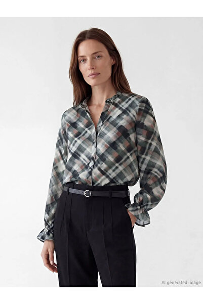 LC Waikiki Γκρι καρό γυναικείο πουκάμισο με βολάν στο λαιμό