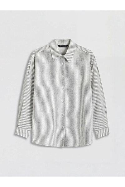 LC Waikiki Γυναικείο πουκάμισο από μείγμα λινού με καφέ ρίγες