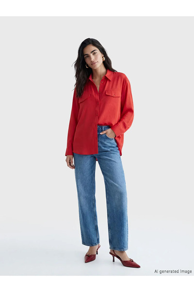 LC Waikiki Κόκκινο γυναικείο πουκάμισο Oversize από μείγμα Modal