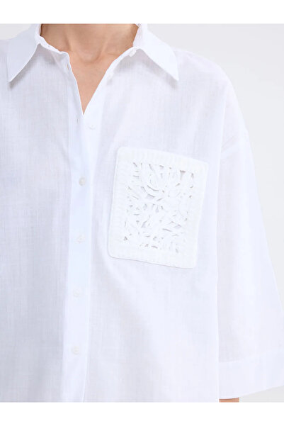 LC Waikiki Λευκό Γυναικείο Πουκάμισο Μουσελίνας με Λεπτομέρεια Κεντήματος