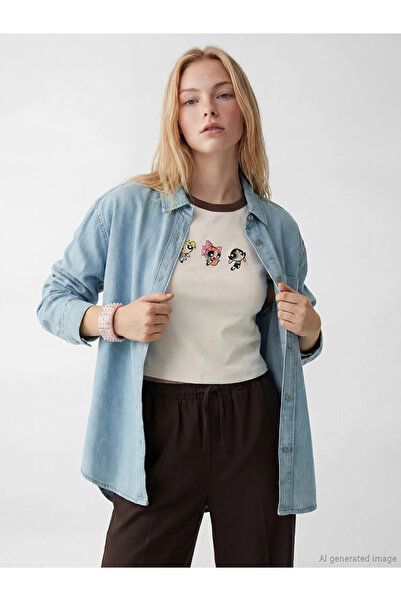 LC Waikiki Μπλε Oversize Γυναικείο Τζιν Πουκάμισο