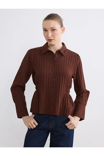 LC Waikiki Καφέ Ριγέ Με σούρες Γυναικείο πουκάμισο