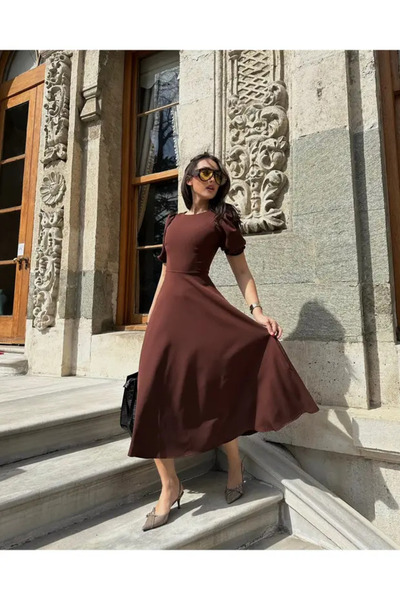 MODA DURAĞI Atlas Kumaş Yuvarlak Yaka Prenses Kol Tasarım Midi Abiye premium ...