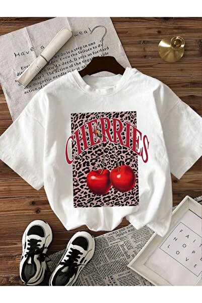 LELVANİ Γυναικείο μπλουζάκι με σχέδιο λεοπάρ και στάμπα κεράσια