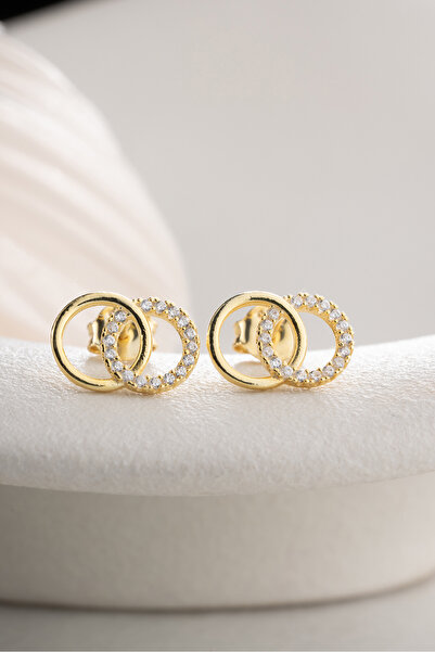 Silvano Jewelry 925 Ayar Gümüş Altın Kaplama Çift Halka Çivili Küpe