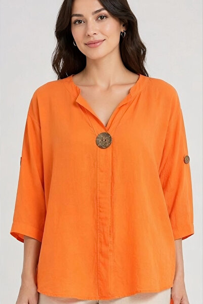 Bİ.GİYSEN Γυναικεία ΠΟΡΤΟΚΑΛΙ Μπλούζα Πουκάμισο με Μεγάλο Μέγεθος, Μεγάλο Μον...