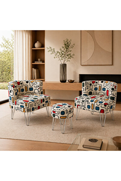 Pure Home Robin 2'li Çay Seti Berjer Ve Puf Takımı