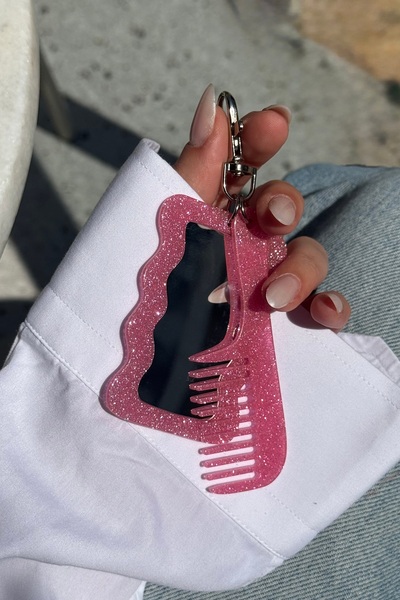 klovi Ροζ ασημί σετ καθρέφτη με χτένα, αξεσουάρ για μπρελόκ και τσάντα