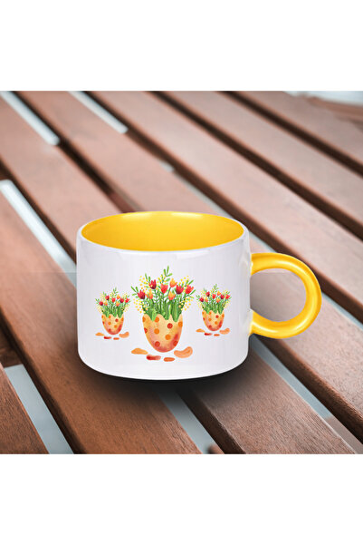 Saksıda Lale Desenli İçi ve Kulpu Sarı Renkli Motto Fincan