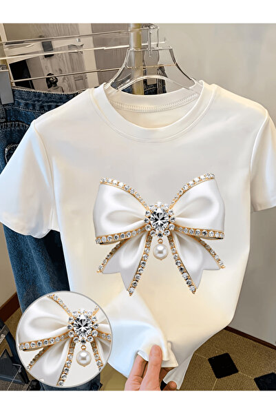 gencerco Γυναικείο μπλουζάκι με θέμα το Pearl, με στάμπα λευκού φιόγκου, Prem...