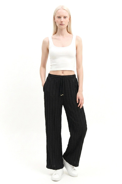 No Matter What Textured Wide-Legged Pants with Lace Detail